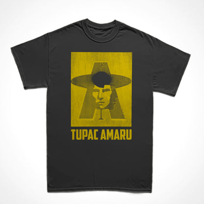 Camiseta Básica Estampa: Imagem dupla de Tupac Amaru de frente e de perfil sobrepostos às letras T e A