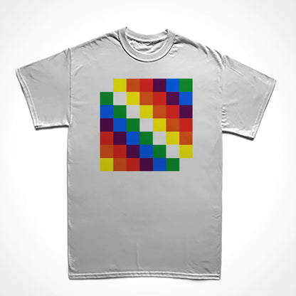 Camiseta Básica Estampa: Bandeira arco-iris formada por quadrados coloridos.
