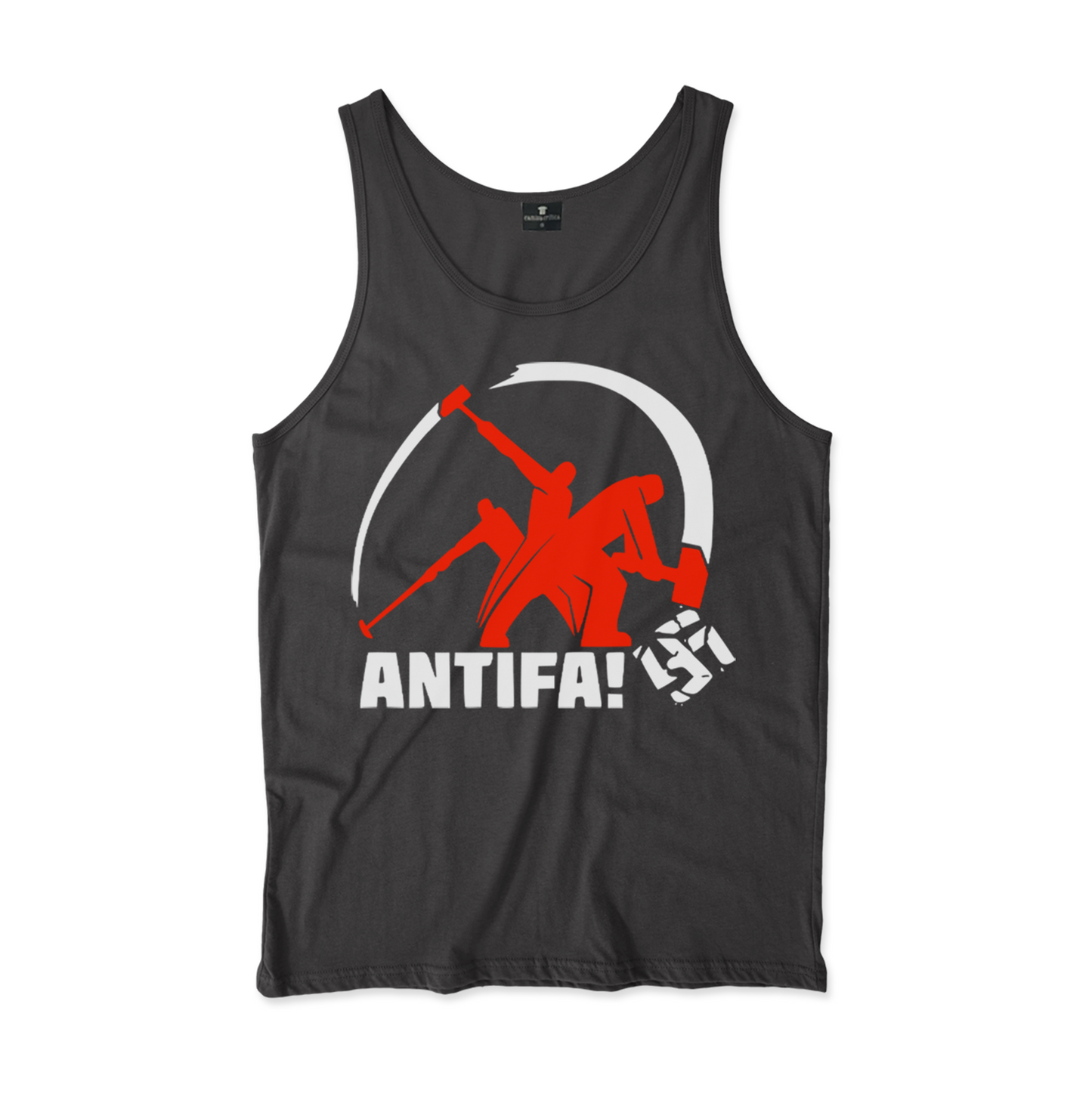 Camiseta Regata. Estampa: Imagem sequência de uma marretada num suástica com o texto ANTIFA! abaixo