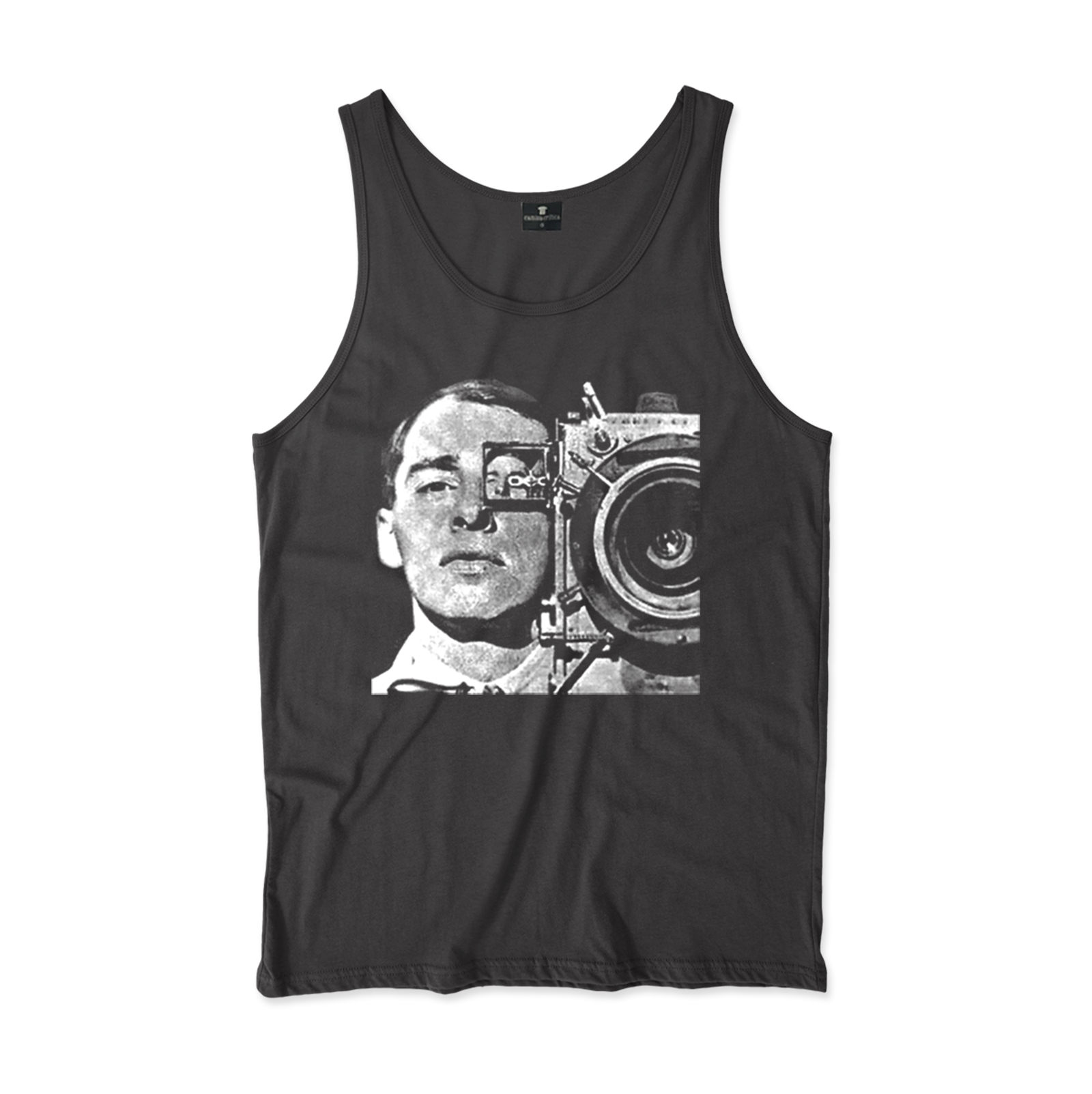 Camiseta Regata. Estampa: Homem com camera de filmar dos anos 1920/1930 na mão.