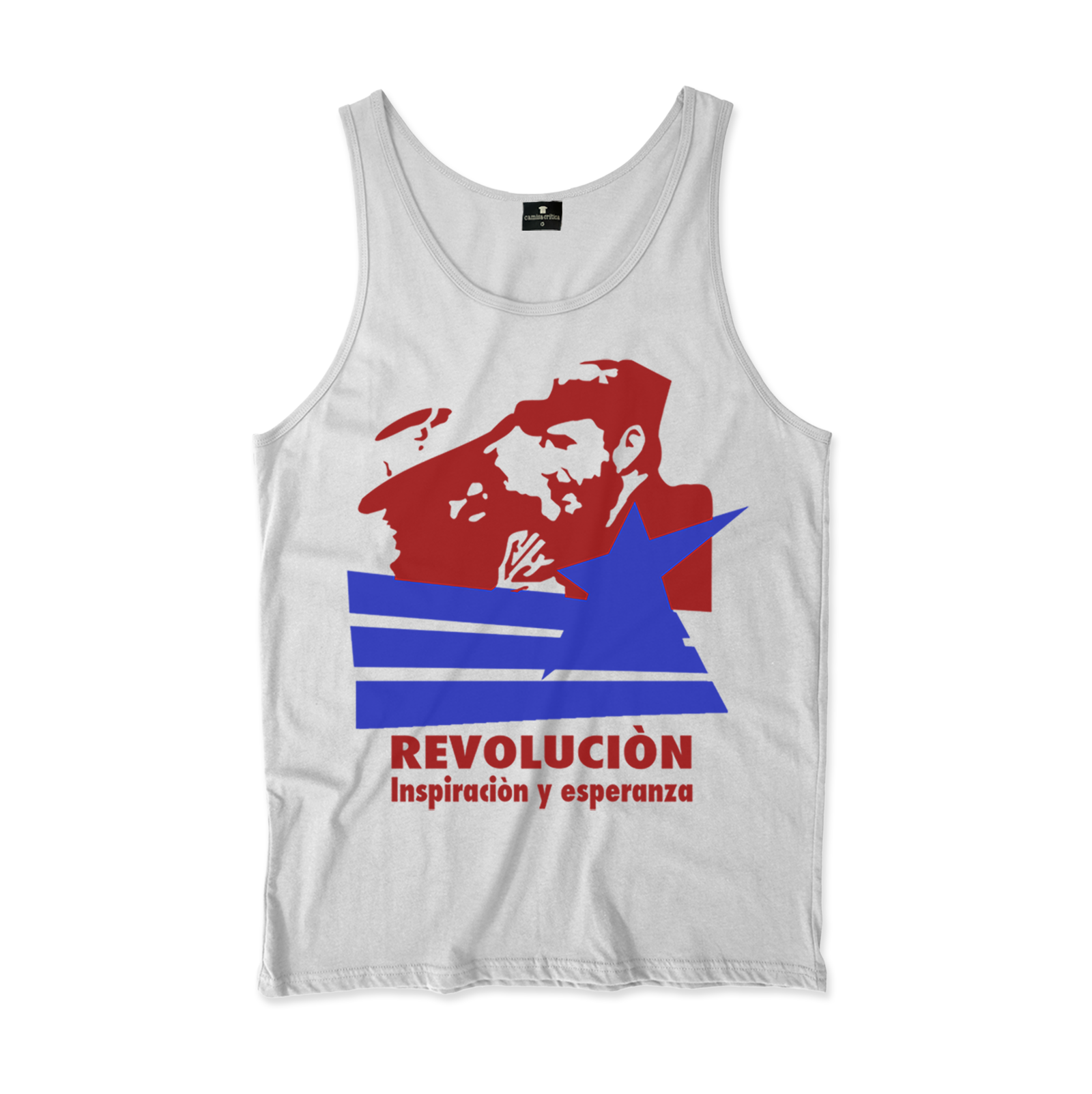 Camiseta Regata. Estampa: Acima Camilo Cienfuegos e Fidel Castro abraçados. No meio três listras e uma estrela sobrepõe um pouco o desenho acima. Embaixo está escrito REVOLUCION e embaixo: Inspiracion y esperanza