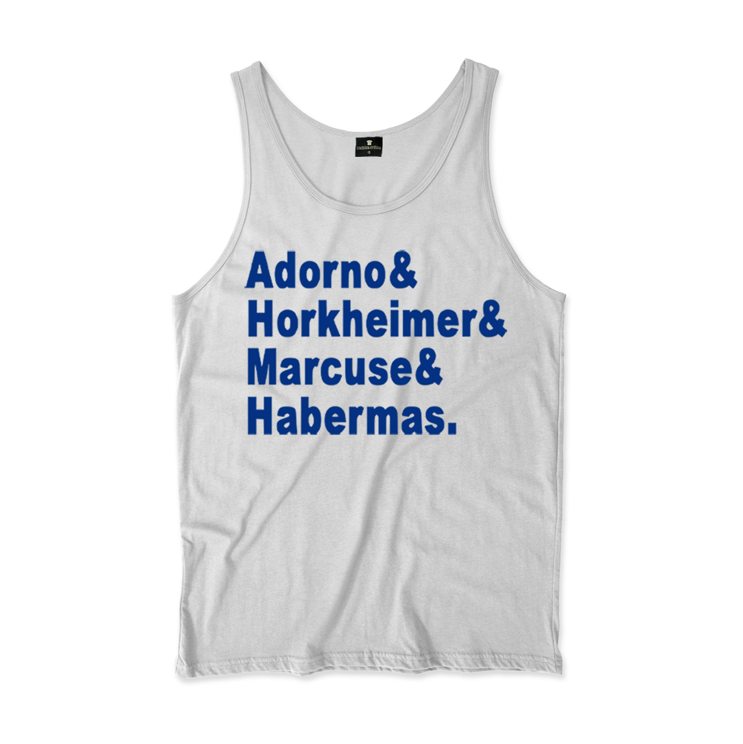 Camiseta Regata Estampa: Texto com um nome em cada linha: Adorno& Horkheimer& Marcuse& Habermas.