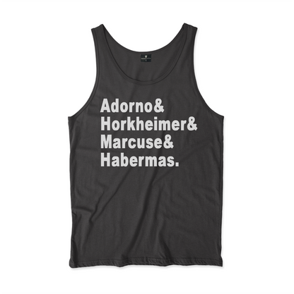 Camiseta Regata Estampa: Texto com um nome em cada linha: Adorno& Horkheimer& Marcuse& Habermas.