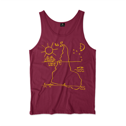 Camiseta Regata. Estampa: Mapa da América do Sul de cabeça pra baixo. Marcação do trópico de Capricórnia e a linha do Equador. Um sol à esquerda encima. Uma Lua e estrela à direita encima.