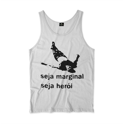 Camiseta Regata. Estampa: Encima um corpo estendido no chão. Embaixo a frase: seja marginal seja herói.