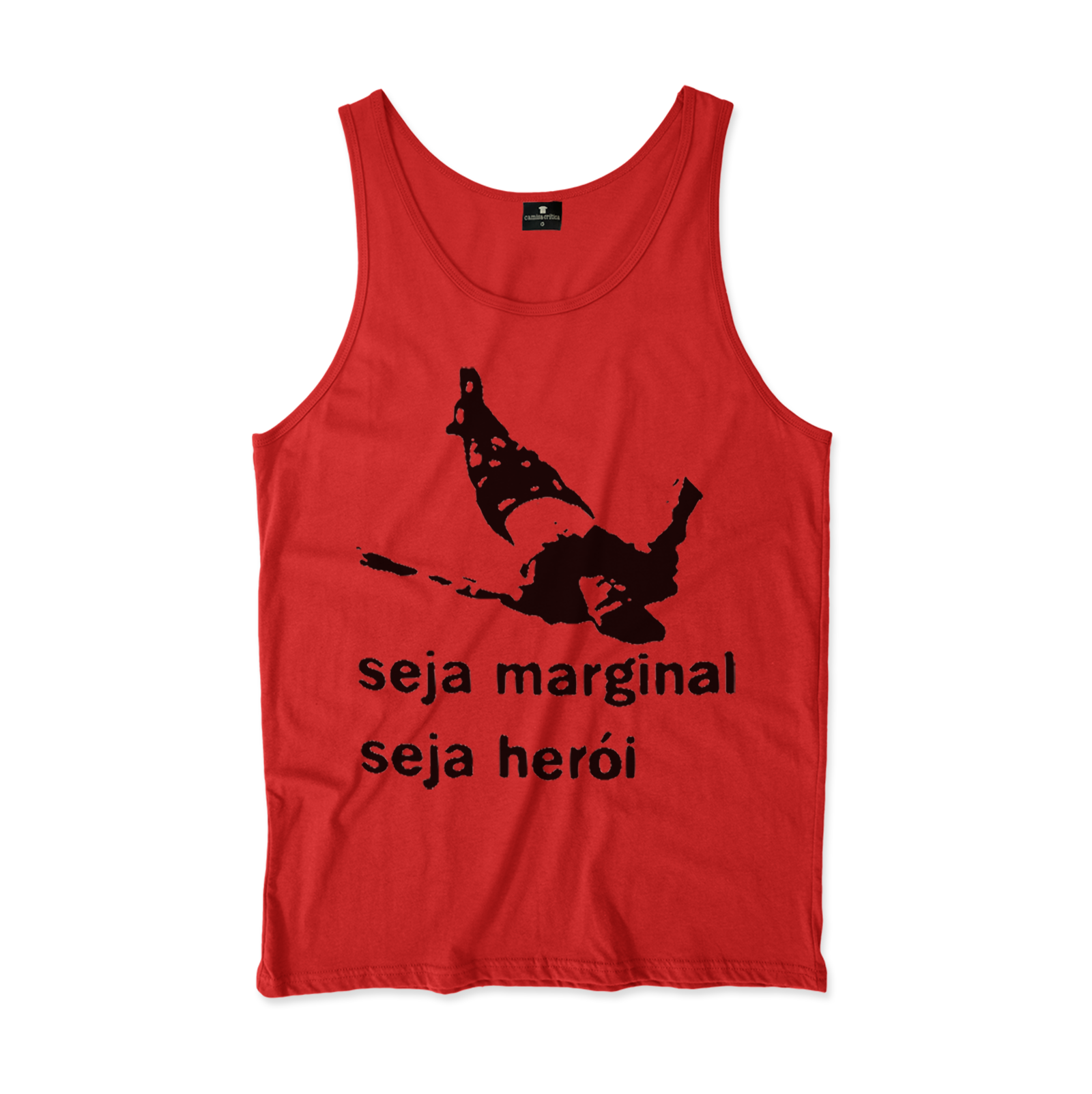 Camiseta Regata. Estampa: Encima um corpo estendido no chão. Embaixo a frase: seja marginal seja herói.