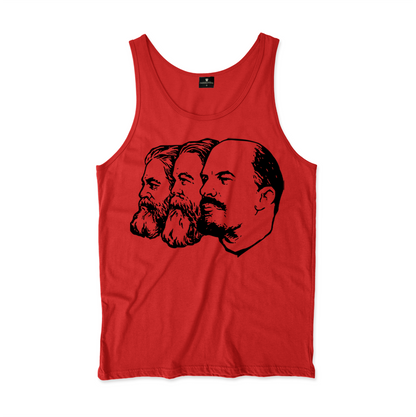 Camiseta Regata. Estampa: Imagem clássica de perfil de Karl Marx, Engels e Lenin.