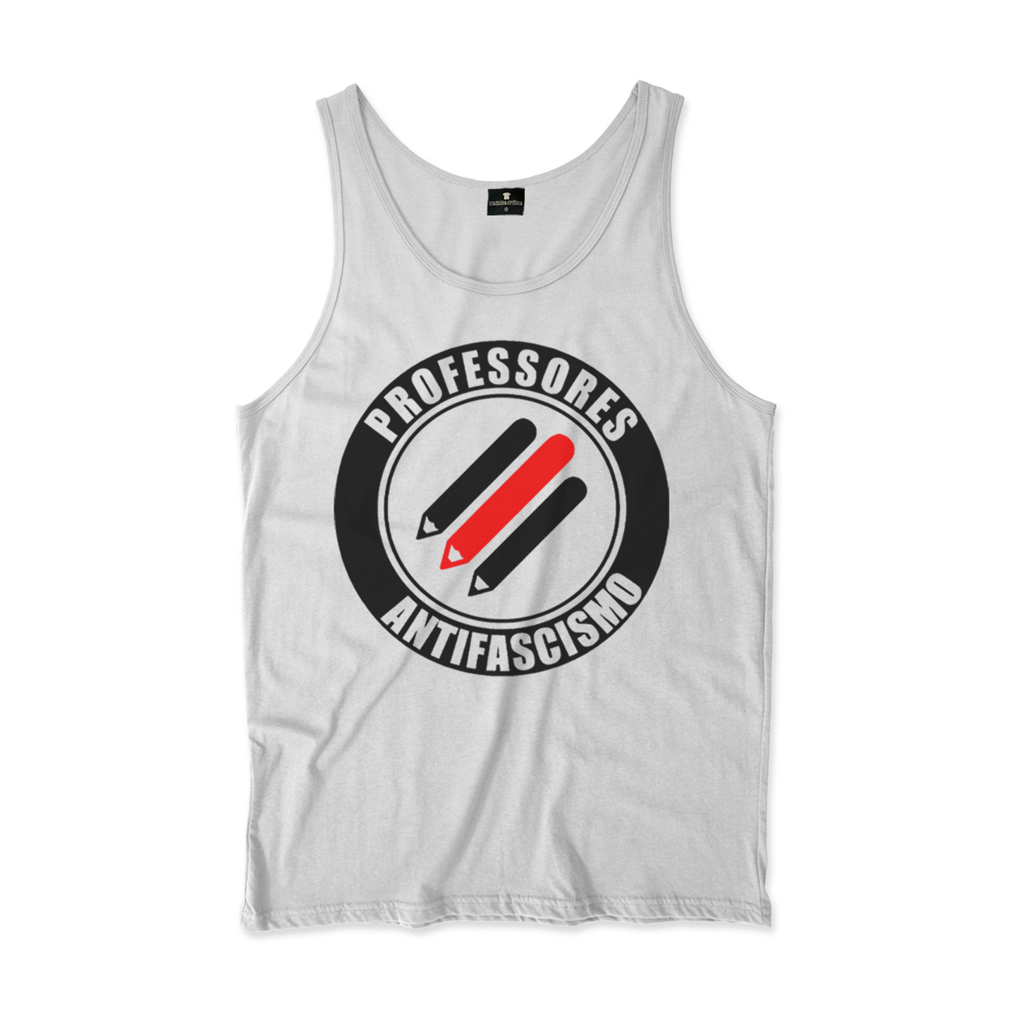 Camiseta Regata. Estampa:Três lápis paralelos na diagonal. Ao redor um círculos onde está escrito Professores Antifascismo.