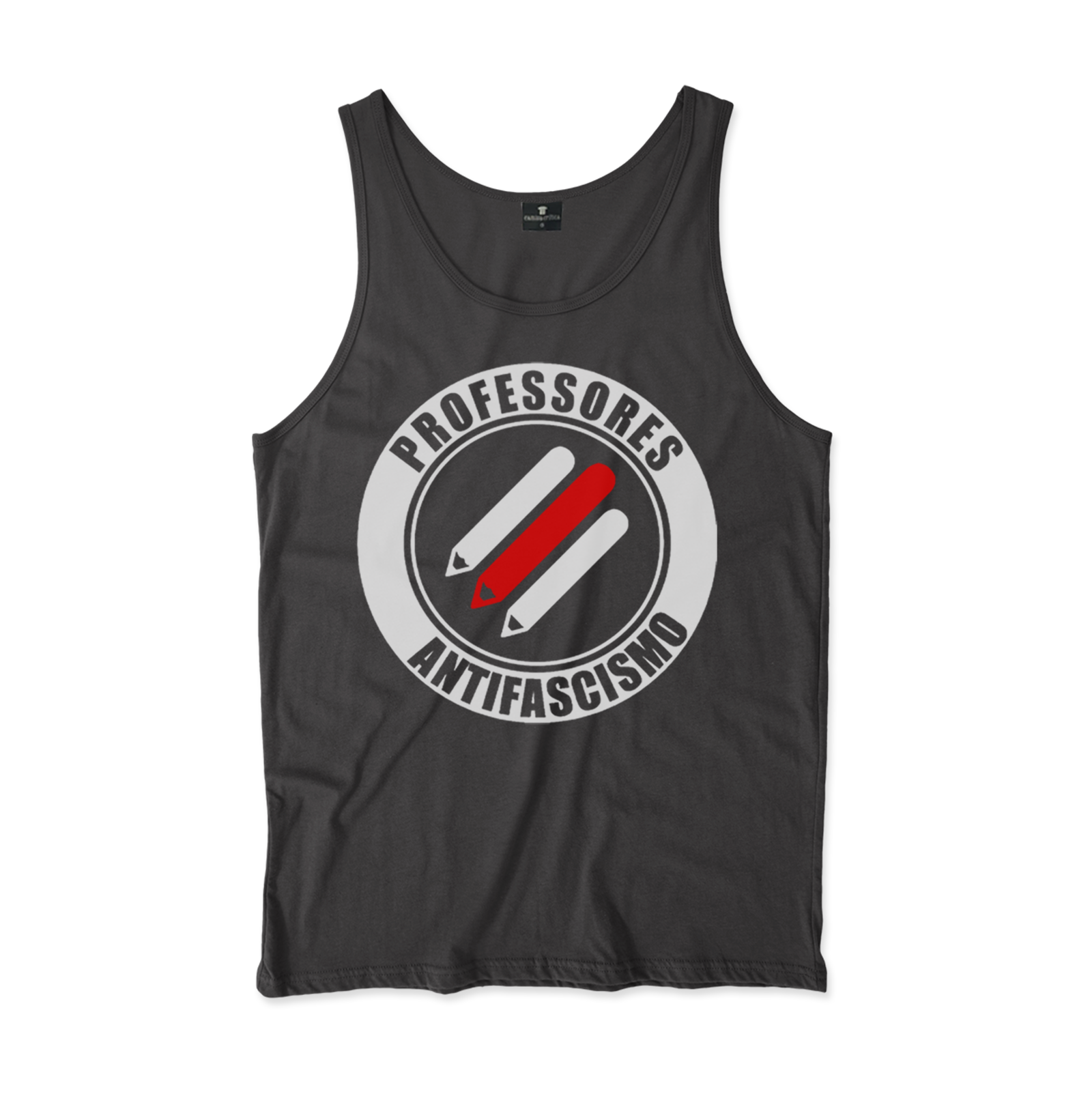 Camiseta Regata. Estampa:Três lápis paralelos na diagonal. Ao redor um círculos onde está escrito Professores Antifascismo.