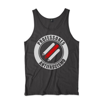 Camiseta Regata. Estampa:Três lápis paralelos na diagonal. Ao redor um círculos onde está escrito Professores Antifascismo.