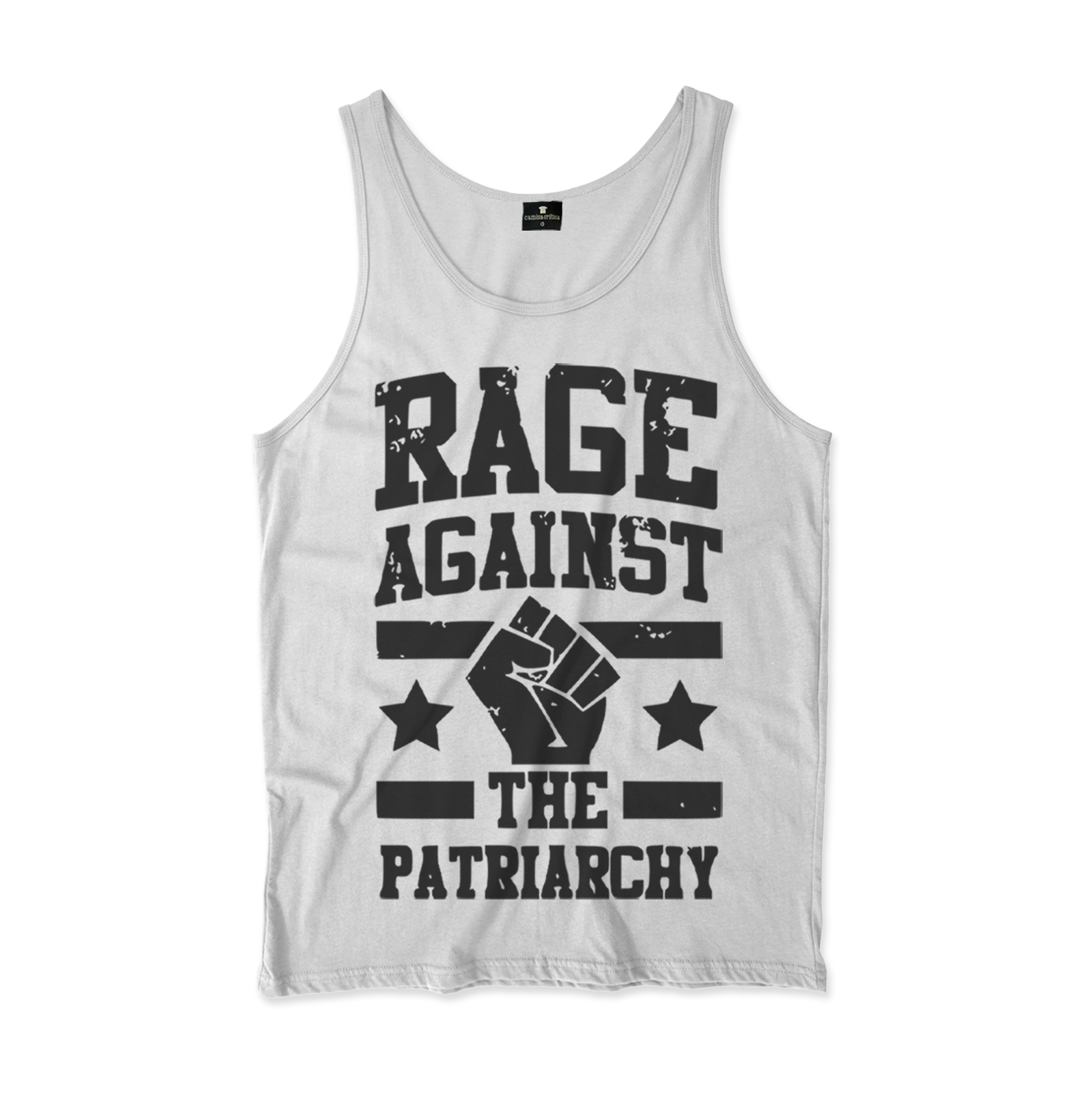 Camiseta Regata. Estampa: texto Rage Against The Patriarchy com punho cerrado no meio com duas estrelas, uma de cada lado, e duas linhas paralelas