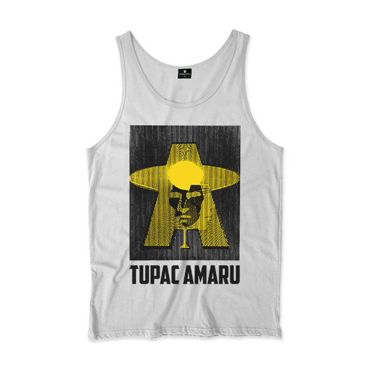 Camiseta Regata. Estampa: Imagem dupla de Tupac Amaru de frente e de perfil sobrepostos às letras T e A