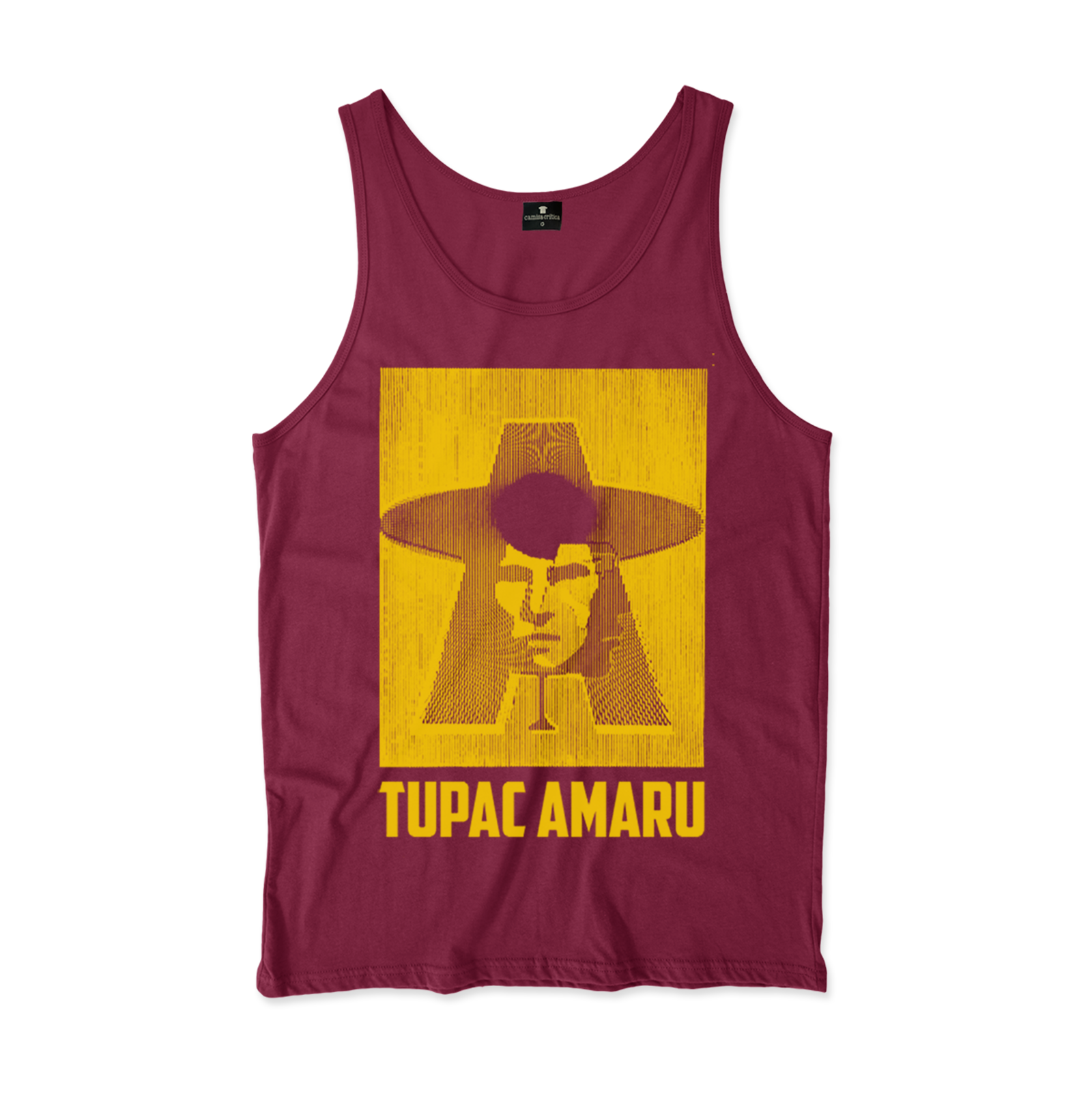 Camiseta Regata. Estampa: Imagem dupla de Tupac Amaru de frente e de perfil sobrepostos às letras T e A
