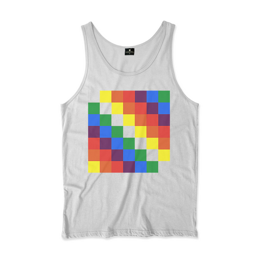 Camiseta Regata. Estampa: bandeira arco-iris formada por quadrados coloridos.