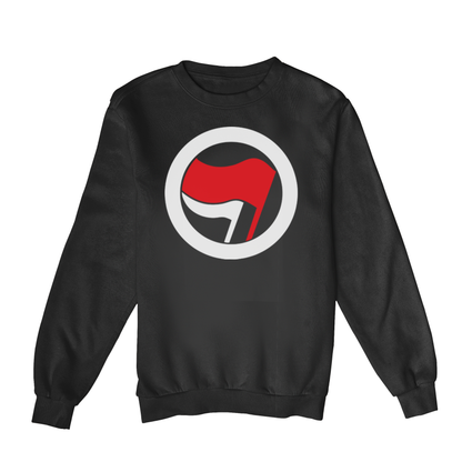 Moletom Estampa: Símbolo da Ação Antifascista. Uma bandeira menor e outra maior envoltas por um círculo. 