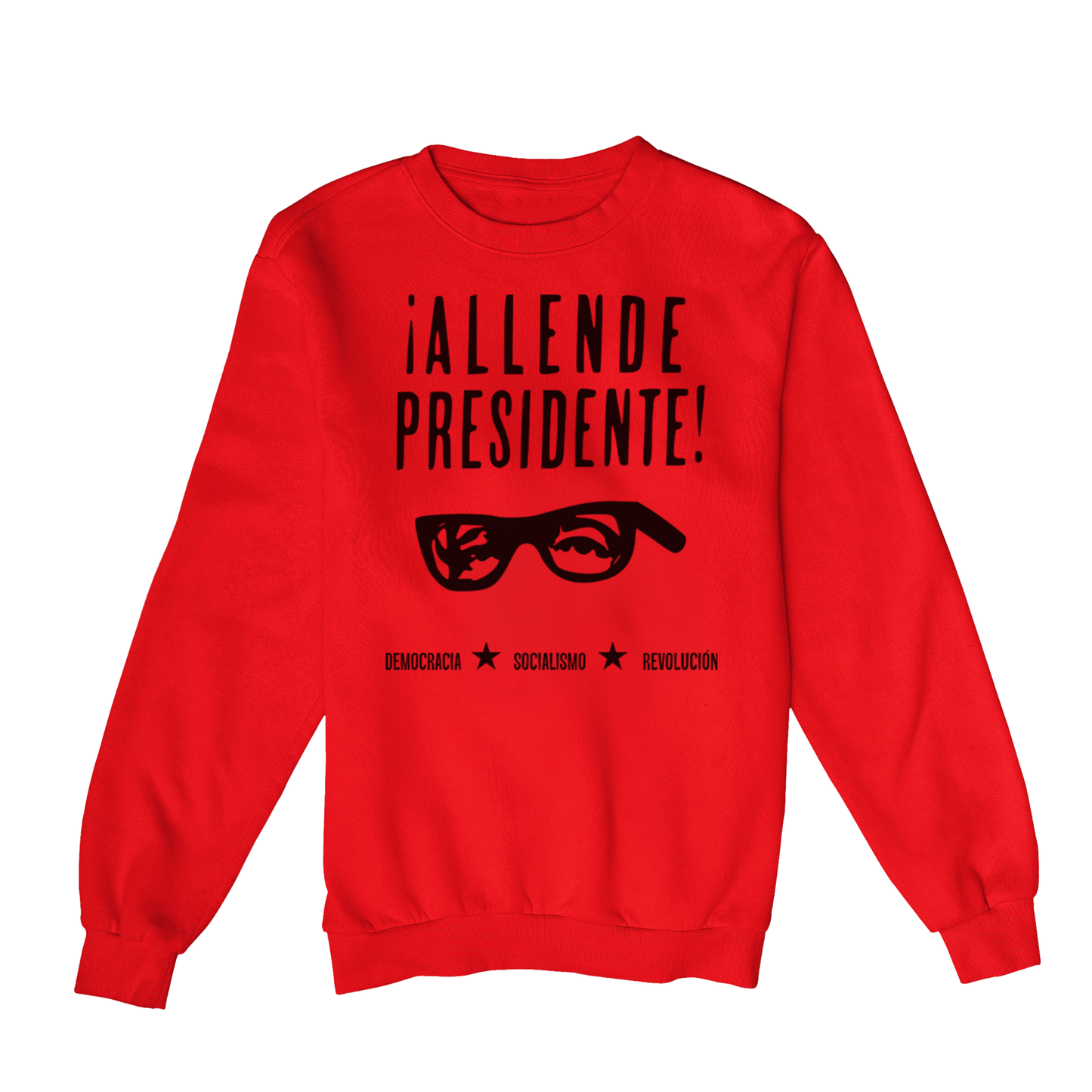 Moletom Estampa: Texto Allende Presidente com acentos hispânicos, recorte dos olhos e óculos de Salvador Allende, texto no rodapé: DEMOCRACIA, SOCIALISMO e REVOLUCIÓN intercalados por duas estrelas.