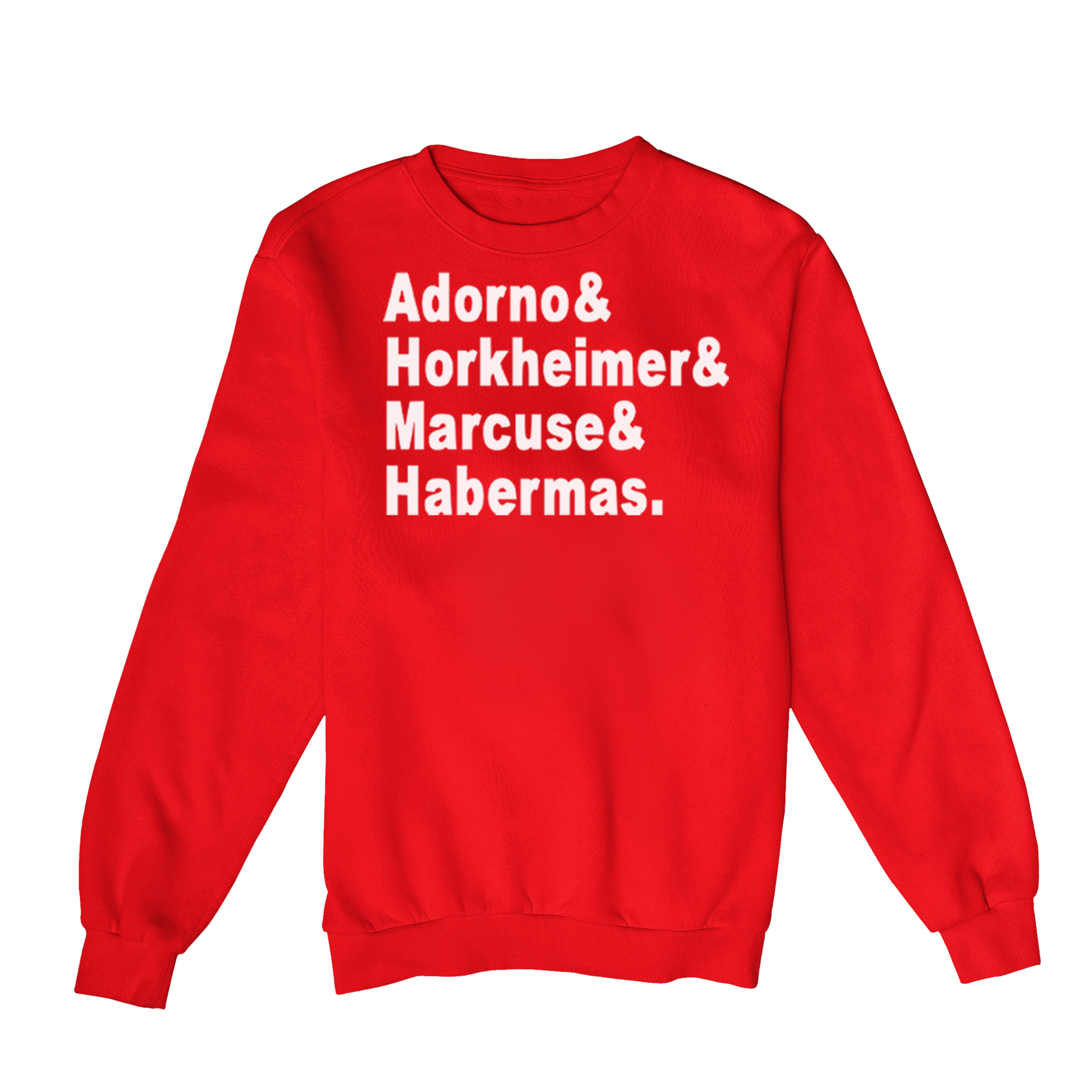Moletom Estampa: Texto com um nome em cada linha: Adorno& Horkheimer& Marcuse& Habermas.