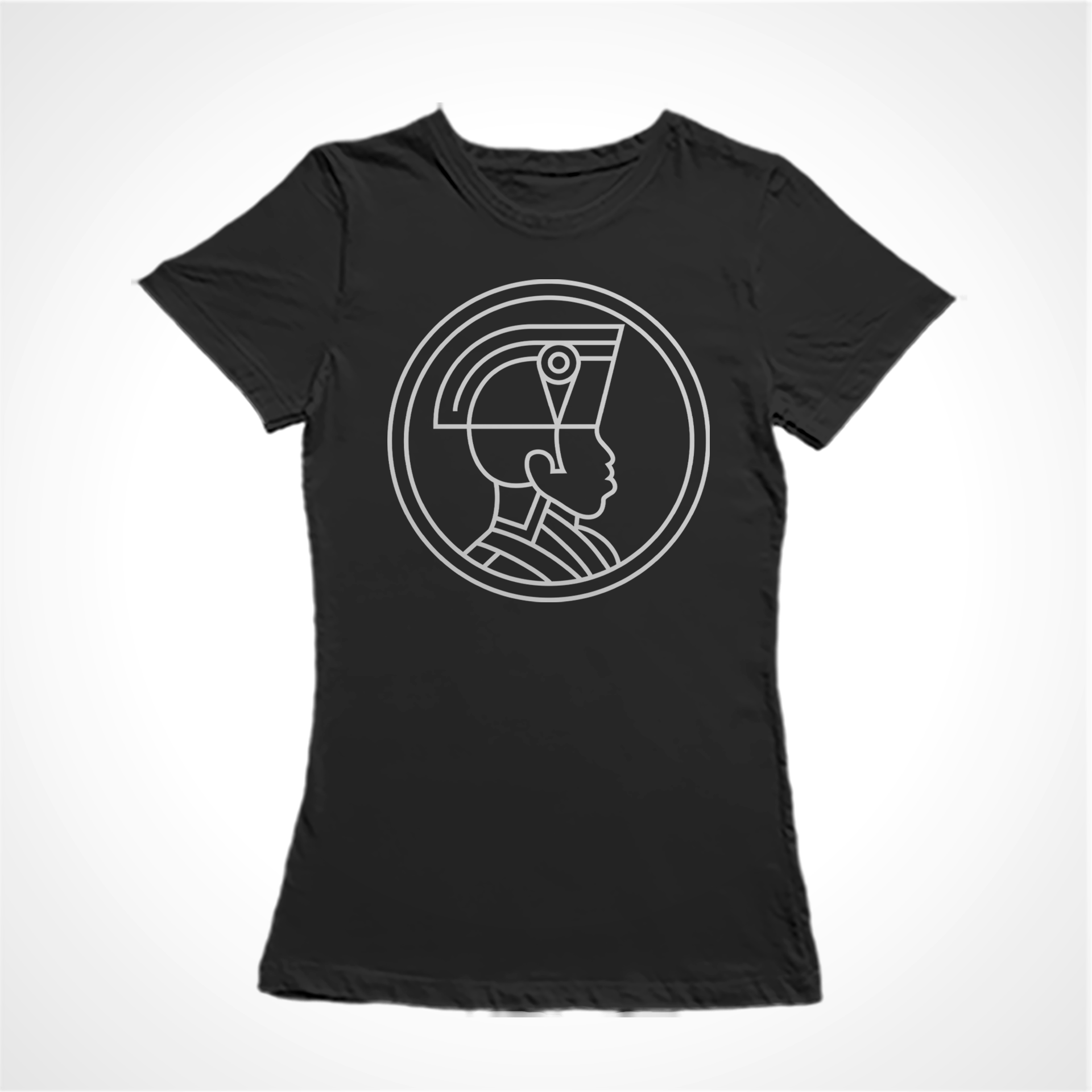 Camiseta Baby Look Estampa:  Jacobino negro com perfil traçado e circulado em volta.